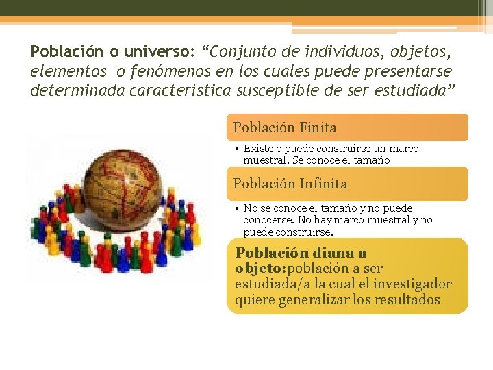 Población o universo: “Conjunto de individuos, objetos, elementos o fenómenos en los cuales puede