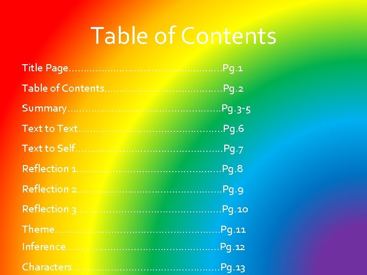Table of Contents Title Page………………………. Pg. 1 Table of Contents…………………. Pg. 2 Summary………………………. Pg. Table of Contents Title Page………………………. Pg. 1 Table of Contents…………………. Pg. 2 Summary………………………. Pg.