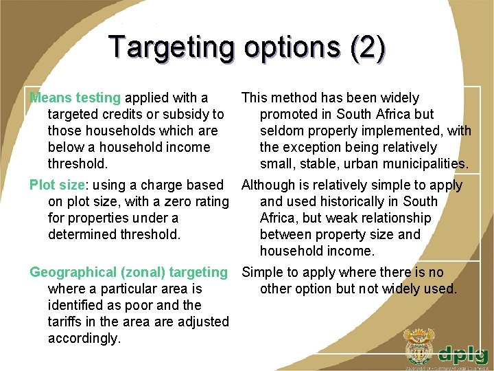 Targeting options (2) Means testing applied with a targeted credits or subsidy to those
