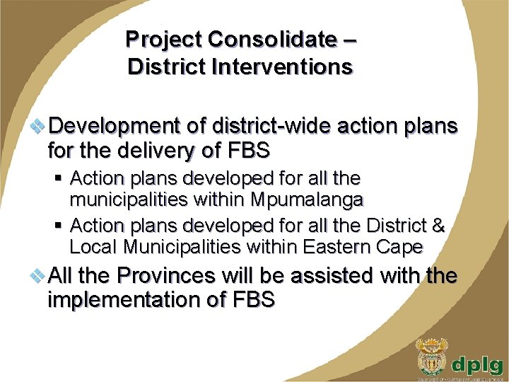 Project Consolidate – District Interventions v Development of district-wide action plans for the delivery