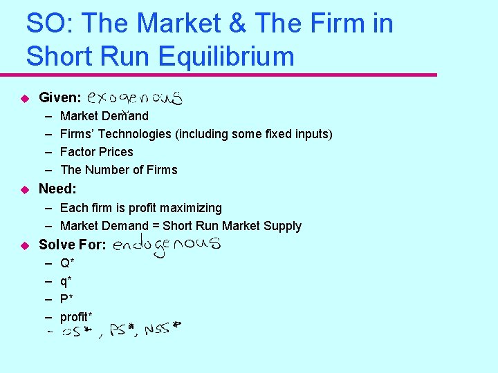SO: The Market & The Firm in Short Run Equilibrium u Given: – –