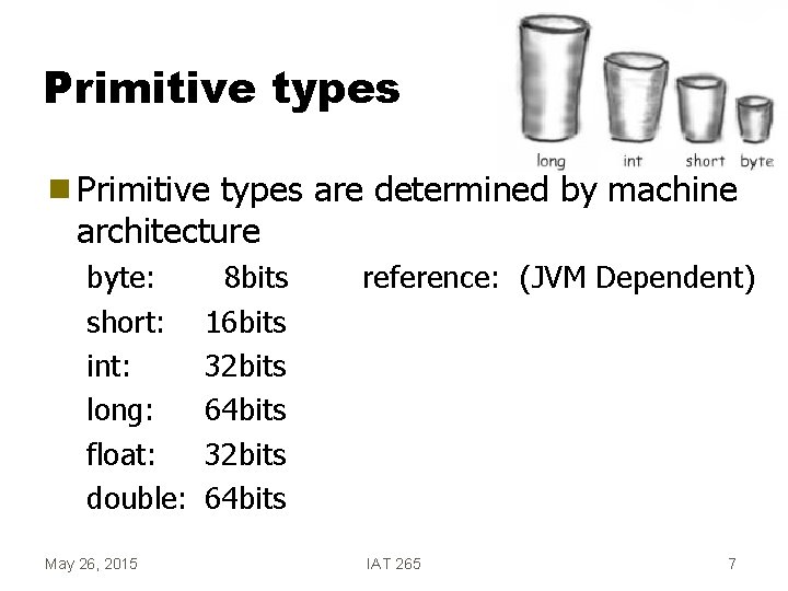 Primitive types g Primitive types are determined by machine architecture byte: short: int: long: