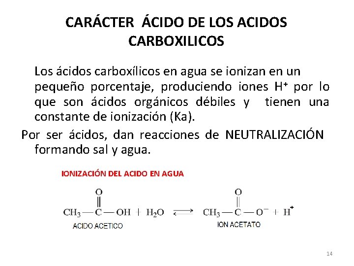 CARÁCTER ÁCIDO DE LOS ACIDOS CARBOXILICOS Los ácidos carboxílicos en agua se ionizan en