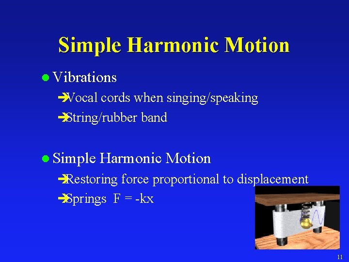 Simple Harmonic Motion l Vibrations èVocal cords when singing/speaking èString/rubber band l Simple Harmonic