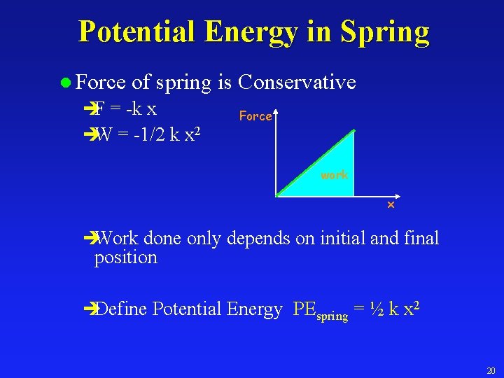Potential Energy in Spring l Force of spring is Conservative èF = -k x