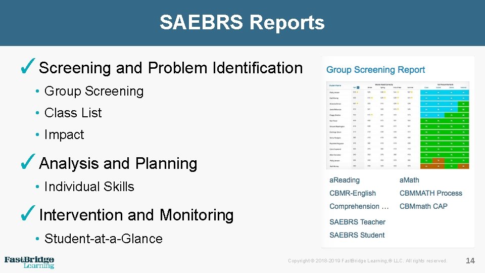 SAEBRS Reports ✓Screening and Problem Identification • Group Screening • Class List • Impact