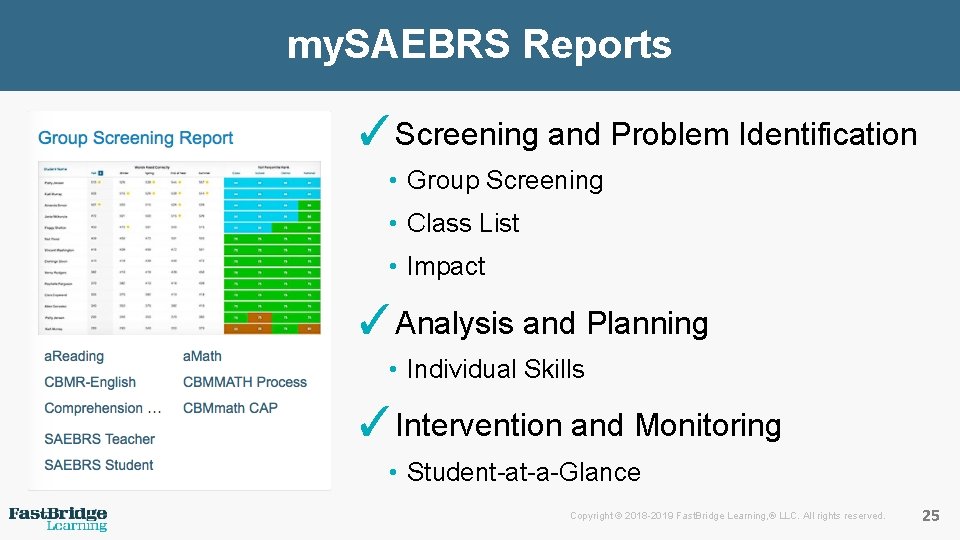 my. SAEBRS Reports ✓Screening and Problem Identification • Group Screening • Class List •