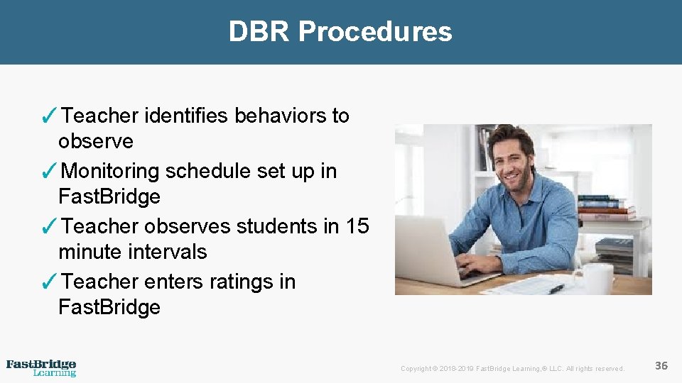 DBR Procedures ✓Teacher identifies behaviors to observe ✓Monitoring schedule set up in Fast. Bridge
