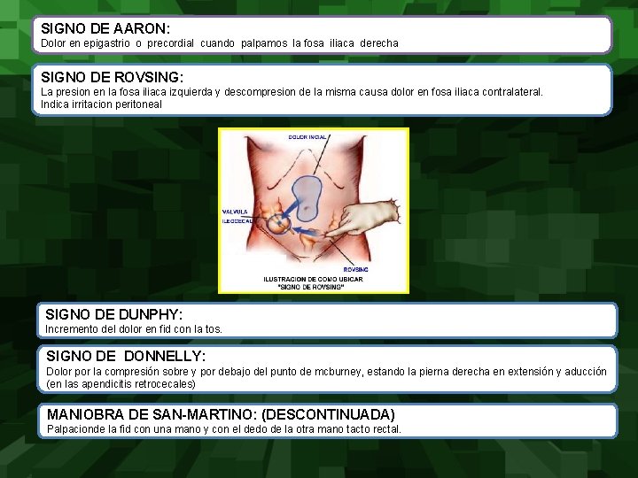 SIGNO DE AARON: Dolor en epigastrio o precordial cuando palpamos la fosa iliaca derecha