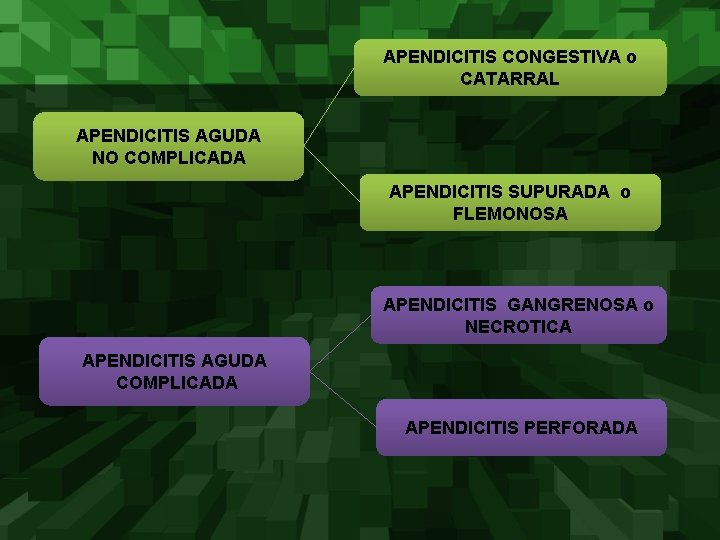 APENDICITIS CONGESTIVA o CATARRAL APENDICITIS AGUDA NO COMPLICADA APENDICITIS SUPURADA o FLEMONOSA APENDICITIS GANGRENOSA