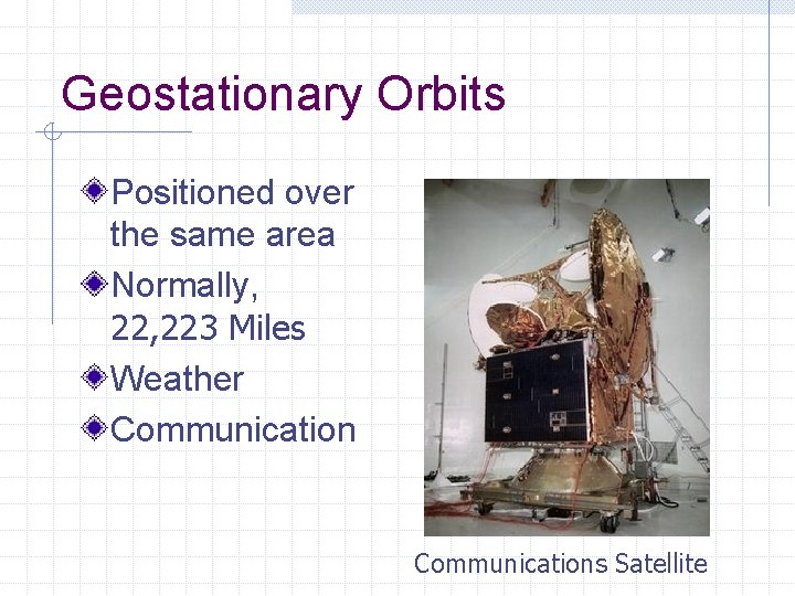 Geostationary Orbits Positioned over the same area Normally, 223 Miles Weather Communications Satellite 