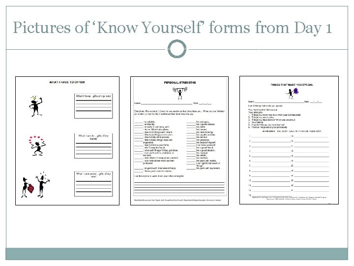 Pictures of ‘Know Yourself’ forms from Day 1 