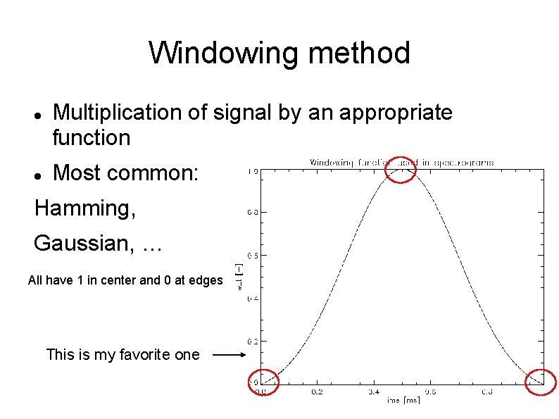 Windowing method Multiplication of signal by an appropriate function Most common: Hamming, Gaussian, …