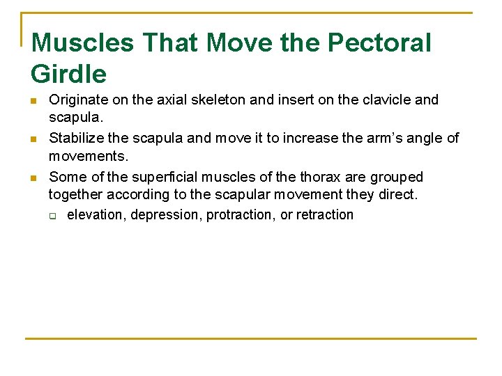 Muscles That Move the Pectoral Girdle n n n Originate on the axial skeleton