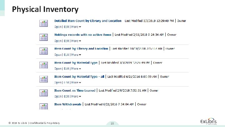 Physical Inventory © 2019 Ex Libris | Confidential & Proprietary 15 