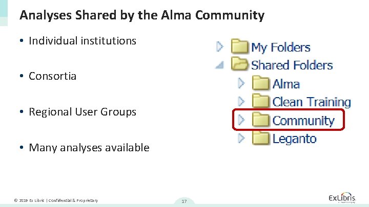 Analyses Shared by the Alma Community • Individual institutions • Consortia • Regional User