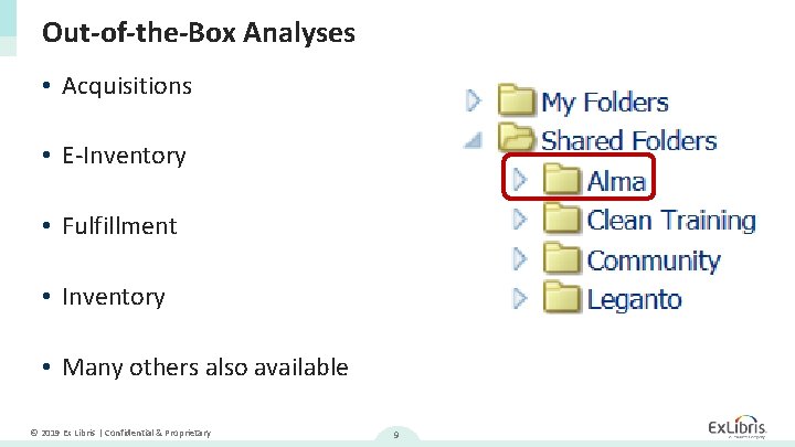 Out-of-the-Box Analyses • Acquisitions • E-Inventory • Fulfillment • Inventory • Many others also