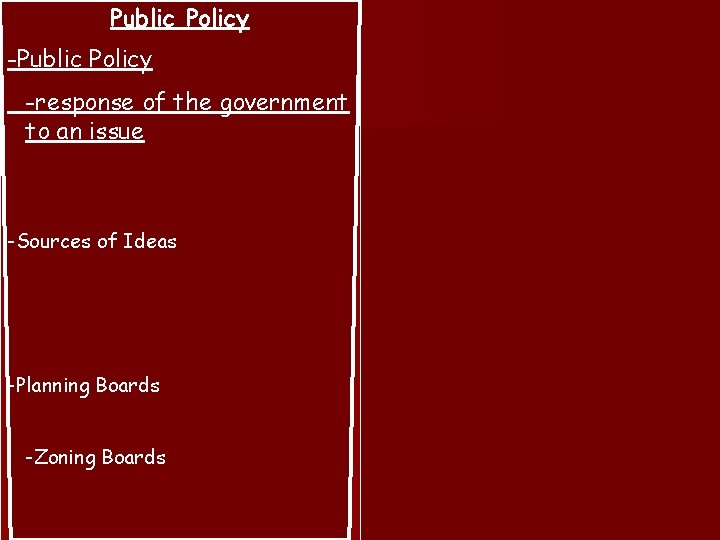 Public Policy -response of the government to an issue -Sources of Ideas -Planning Boards