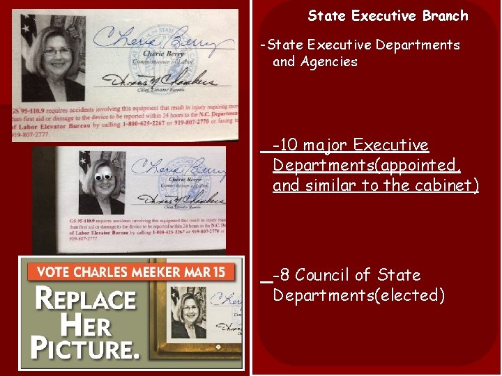 State Executive Branch -State Executive Departments and Agencies -10 major Executive Departments(appointed, and similar