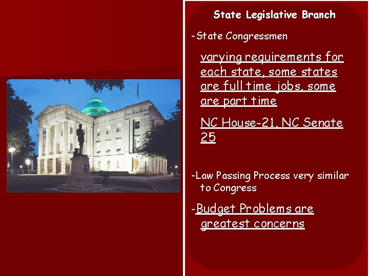 State Legislative Branch -State Congressmen varying requirements for each state, some states are full