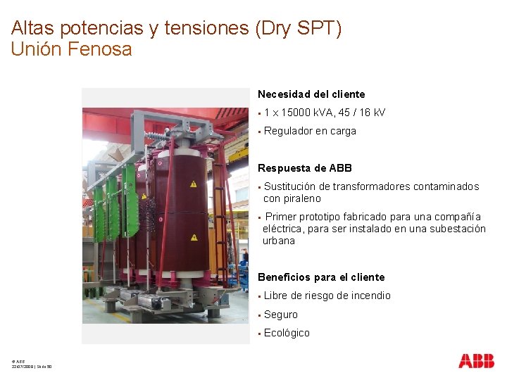 Altas potencias y tensiones (Dry SPT) Unión Fenosa Necesidad del cliente 1 x 15000