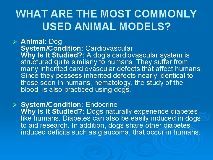WHAT ARE THE MOST COMMONLY USED ANIMAL MODELS? Ø Animal: Dog System/Condition: Cardiovascular Why