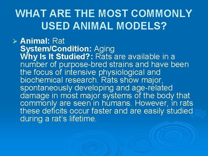 WHAT ARE THE MOST COMMONLY USED ANIMAL MODELS? Ø Animal: Rat System/Condition: Aging Why