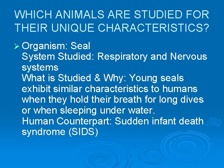 WHICH ANIMALS ARE STUDIED FOR THEIR UNIQUE CHARACTERISTICS? Ø Organism: Seal System Studied: Respiratory