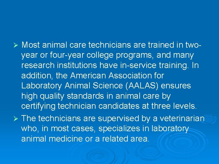 Most animal care technicians are trained in twoyear or four-year college programs, and many
