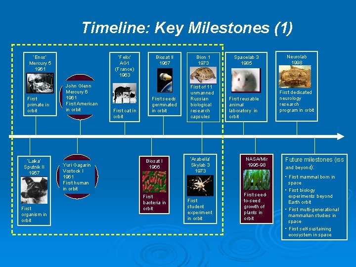 Timeline: Key Milestones (1) ‘Enos’ Mercury 5 1961 First primate in orbit ‘Laika’ Sputnik