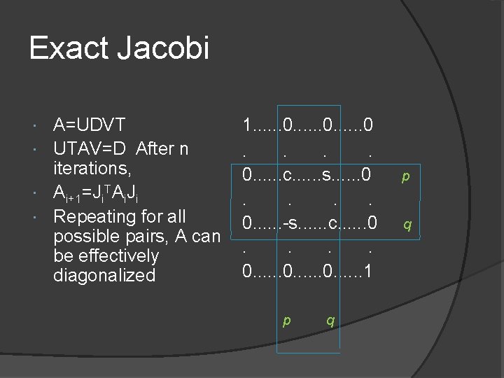Exact Jacobi A=UDVT UTAV=D After n iterations, Ai+1=Ji. TAi. Ji Repeating for all possible