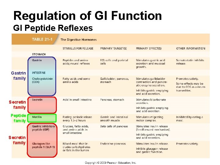 Regulation of GI Function GI Peptide Reflexes Gastrin family Secretin family Peptide family Secretin