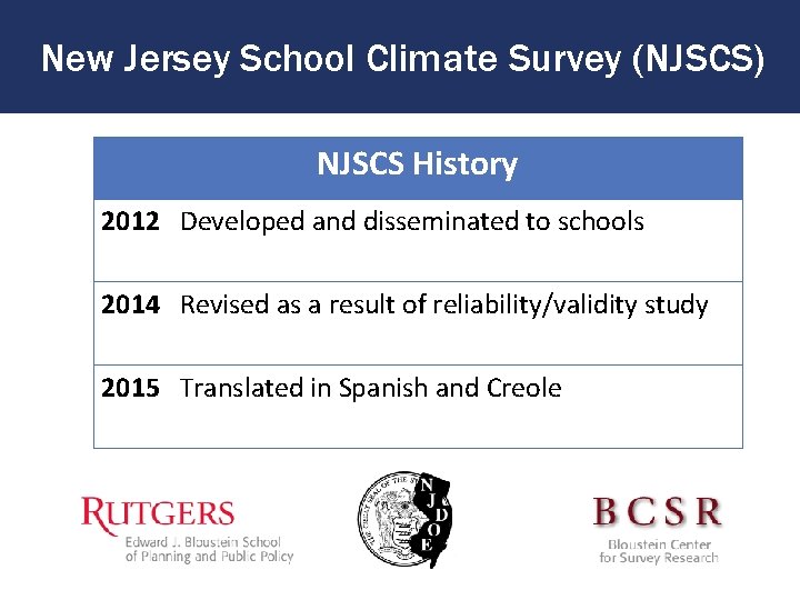 New Jersey School Climate Survey (NJSCS) NJSCS History 2012 Developed and disseminated to schools