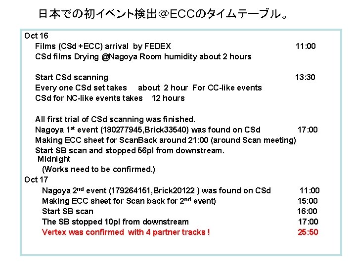 日本での初イベント検出＠ECCのタイムテーブル。 Oct 16 Films (CSd +ECC) arrival by FEDEX CSd films Drying @Nagoya Room