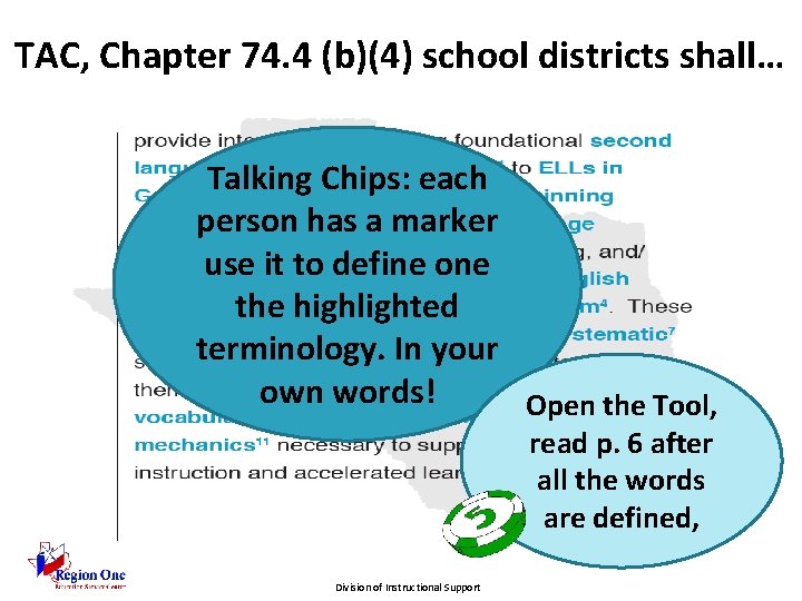 TAC, Chapter 74. 4 (b)(4) school districts shall… Talking Chips: each person has a