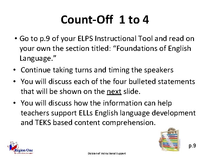 Count-Off 1 to 4 • Go to p. 9 of your ELPS Instructional Tool