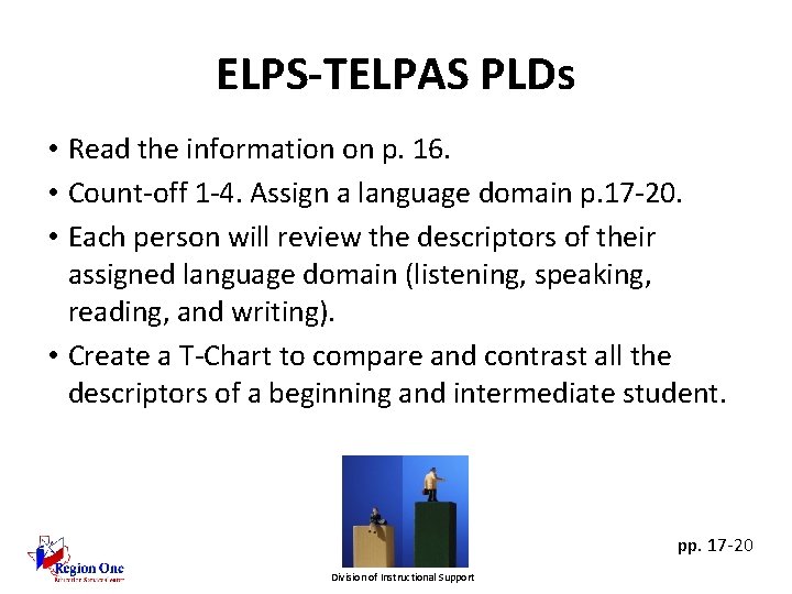 ELPS-TELPAS PLDs • Read the information on p. 16. • Count-off 1 -4. Assign