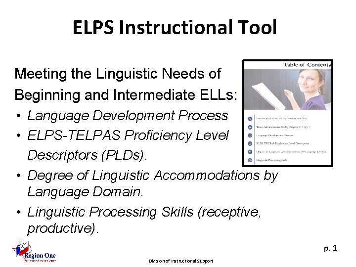 ELPS Instructional Tool Meeting the Linguistic Needs of Beginning and Intermediate ELLs: • Language