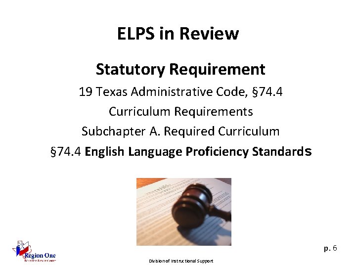 ELPS in Review Statutory Requirement 19 Texas Administrative Code, § 74. 4 Curriculum Requirements