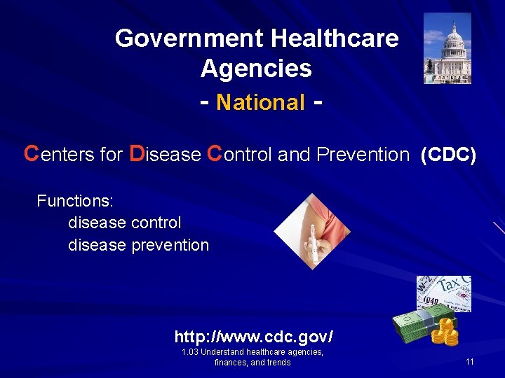 Government Healthcare Agencies - National Centers for Disease Control and Prevention (CDC) Functions: disease
