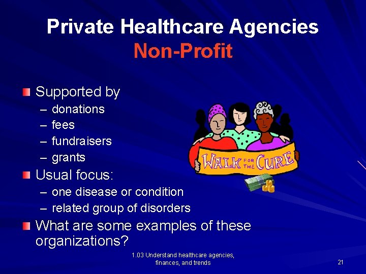 Private Healthcare Agencies Non-Profit Supported by – – donations fees fundraisers grants Usual focus: