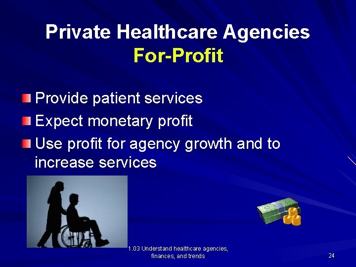 Private Healthcare Agencies For-Profit Provide patient services Expect monetary profit Use profit for agency