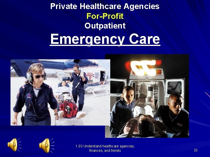 Private Healthcare Agencies For-Profit Outpatient Emergency Care 1. 03 Understand healthcare agencies, finances, and