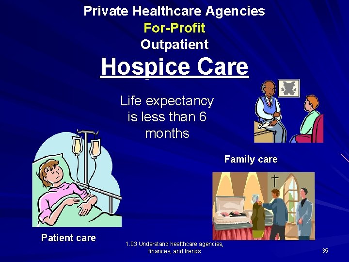 Private Healthcare Agencies For-Profit Outpatient Hospice Care Life expectancy is less than 6 months