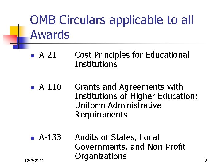 OMB Circulars applicable to all Awards n A-21 Cost Principles for Educational Institutions n