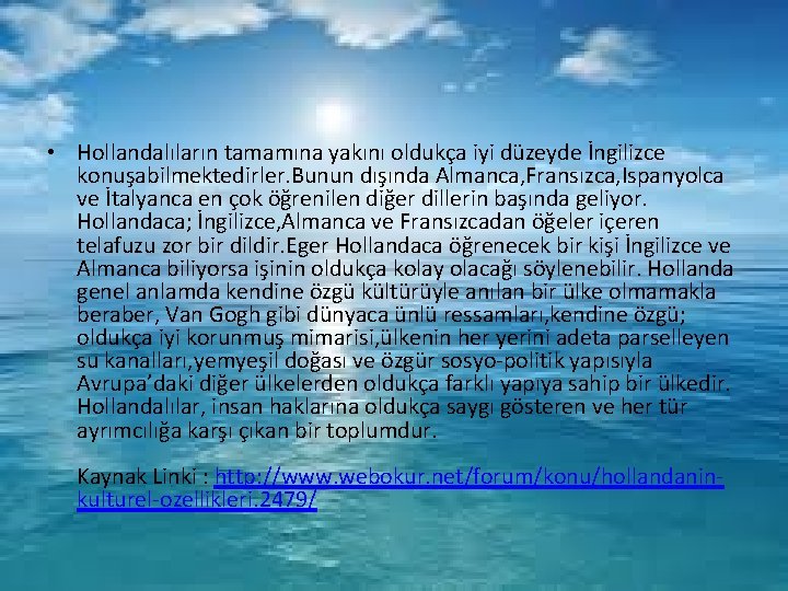  • Hollandalıların tamamına yakını oldukça iyi düzeyde İngilizce konuşabilmektedirler. Bunun dışında Almanca, Fransızca,