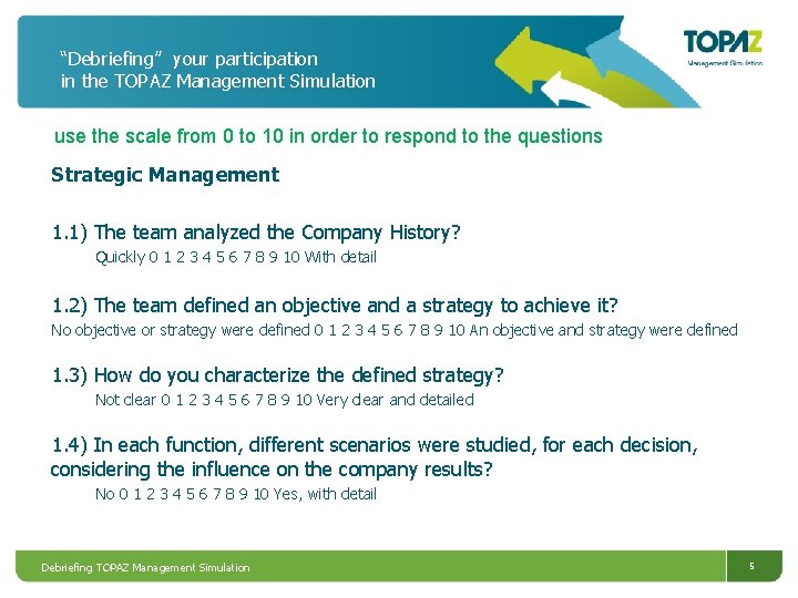 “Debriefing” your participation in the TOPAZ Management Simulation use the scale from 0 to