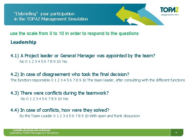 “Debriefing” your participation in the TOPAZ Management Simulation use the scale from 0 to