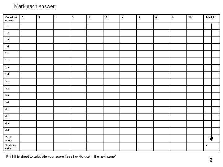 Mark each answer: Question/ answer 0 1 2 3 4 5 6 7 8