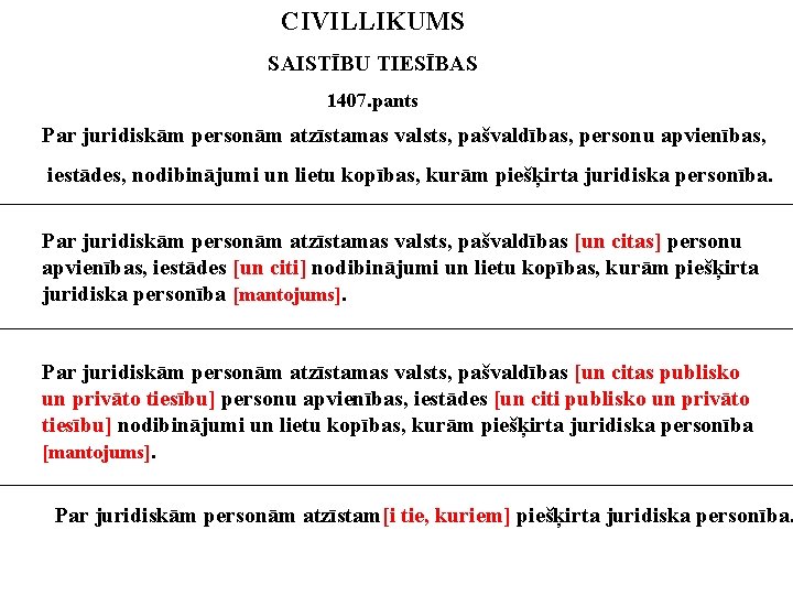 CIVILLIKUMS SAISTĪBU TIESĪBAS 1407. pants Par juridiskām personām atzīstamas valsts, pašvaldības, personu apvienības, iestādes,